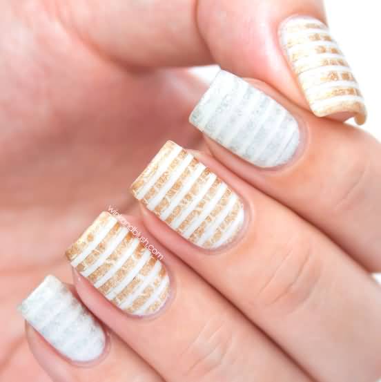 White And Golden Stripes Nail Art