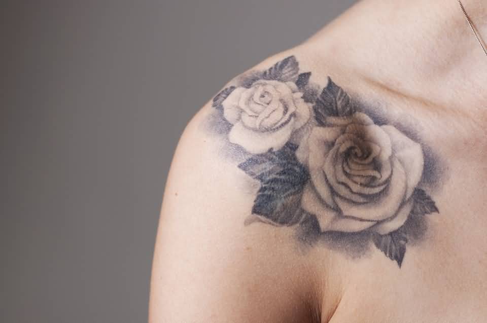 White And Grey Roses Clavicle Tattoo