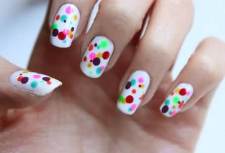 White Base Nail With Multicolor Polka Dots Nail Art