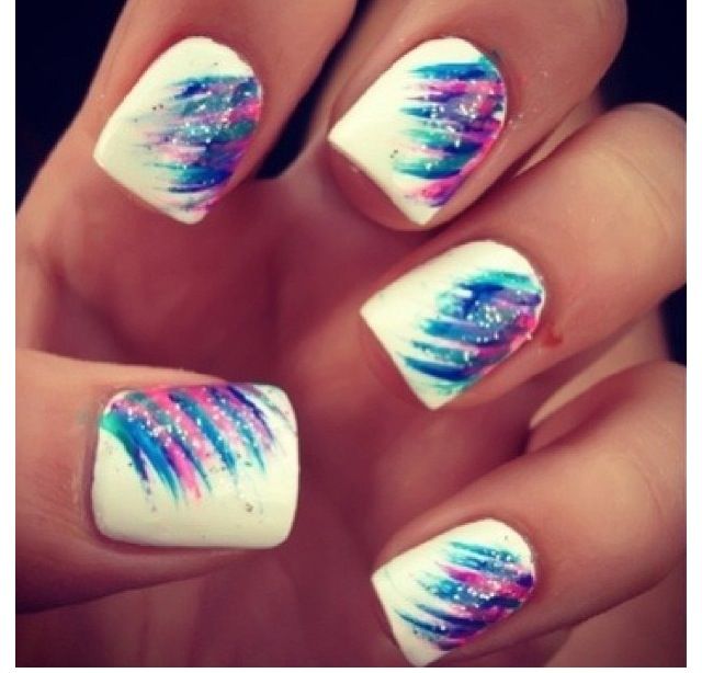 White Base Nails With Multicolor Stripes Design Nail Art