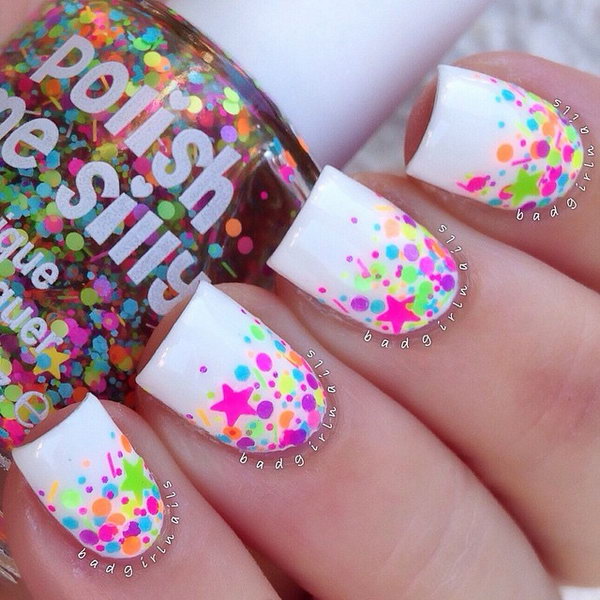 White Base Nails With Neon Multicolor Dots Nail Art With Stars