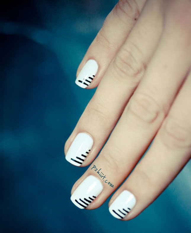 White Nails With Beautiful Stripes Nail Art