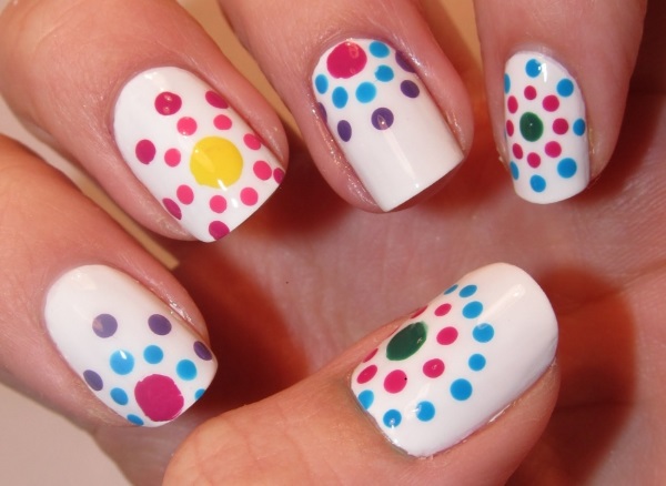 White Nails With Multicolor Polka Dots Nail Art