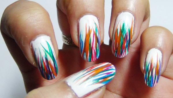 White Nails With Multicolor Stripes Design Nail Art