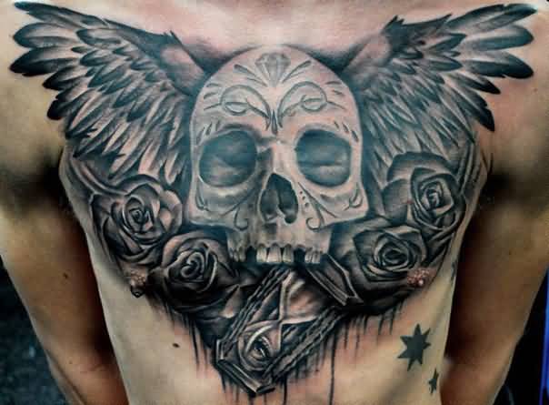 Winged Sugar Skull And Gothic Rose Chicano Tattoo On Man Chest