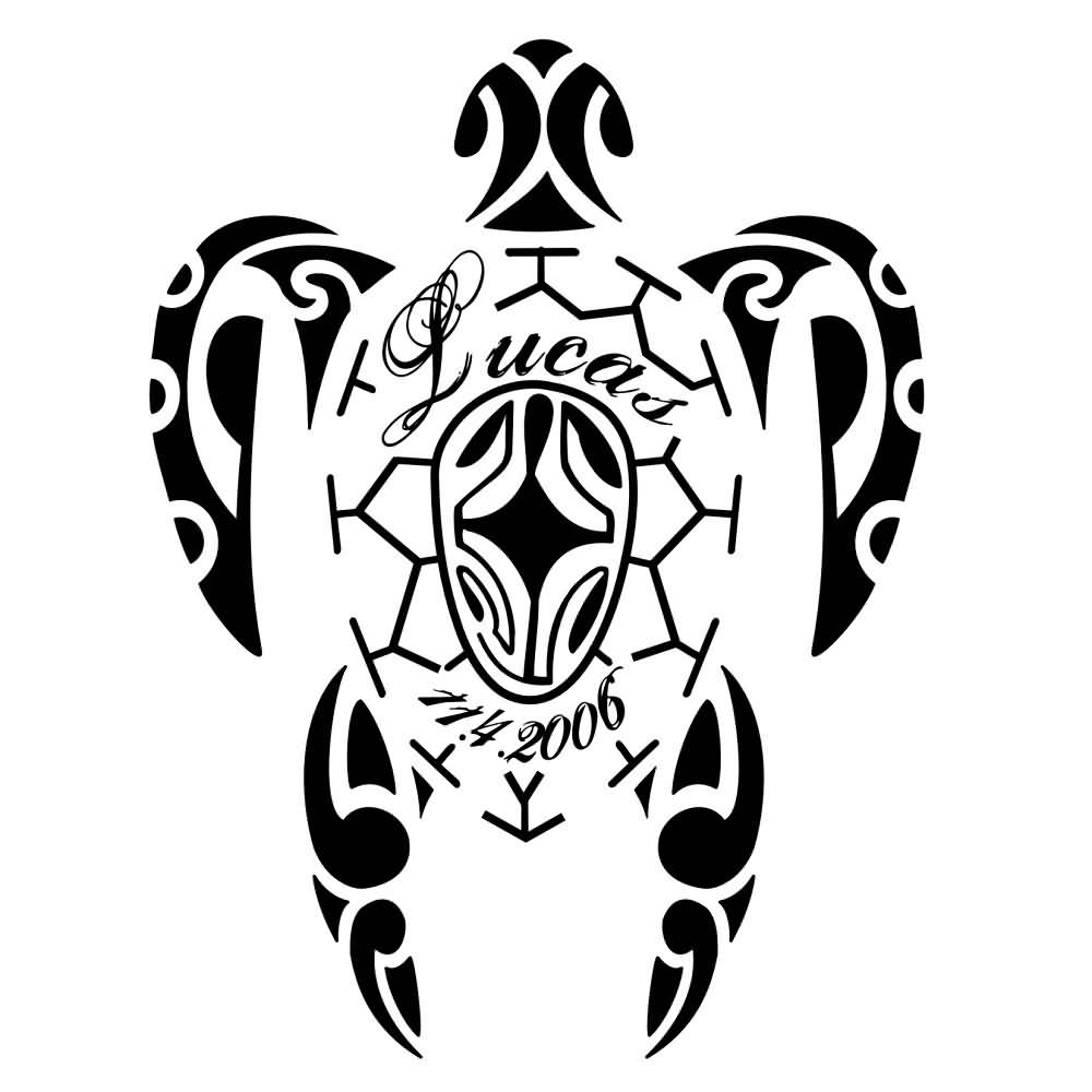 Wonderful Black And White Tribal Turtle Having Letters On Body Tattoo Stencil