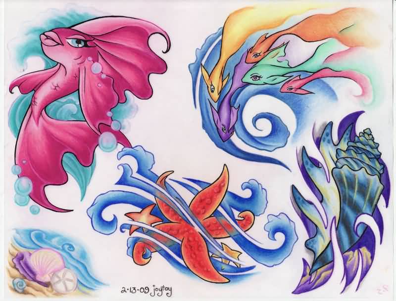 Wonderful Colorful Starfish With Fishes And Seashell Tattoo Design