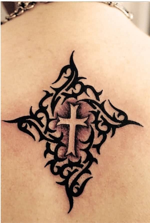 Wonderful Colorless Cross In Diamond Shape Tribal Design Tattoo On Upper Back