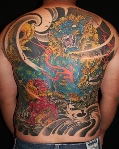 Wonderful Different Colored Foo Dogs Tattoo On Full Back By James Tex