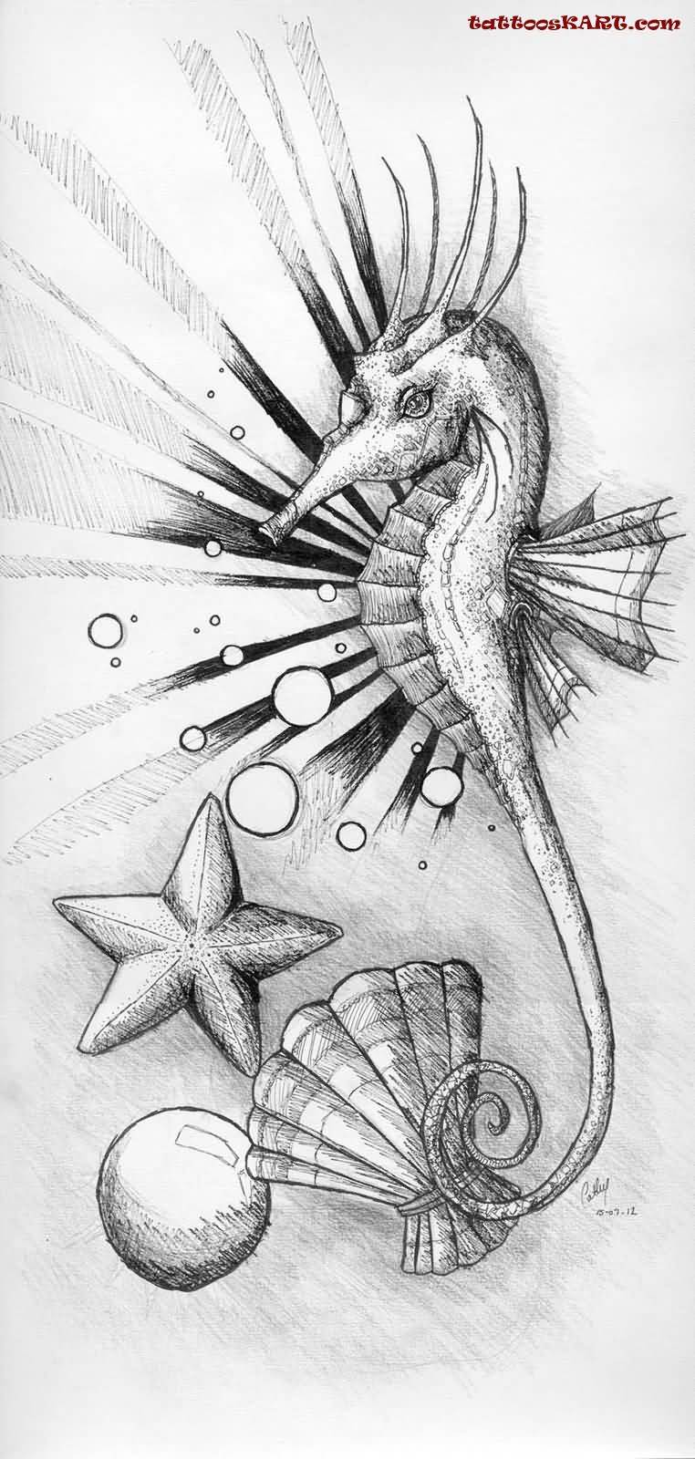 Wonderful Grey Ink Starfish And Seahorse Tattoo Design