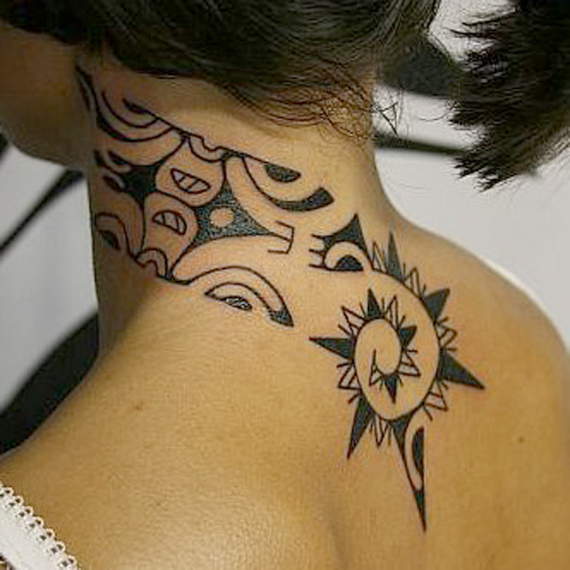 Wonderful Small Tribal Tattoo On Nape To Upper Back For Girls