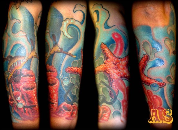 Wonderful Under Water Fish And Seahorse Tattoo