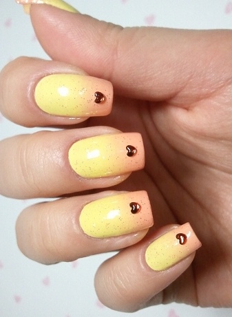 Yellow And Orange Pastel Ombre Nails With Red Hearts Rhinestones
