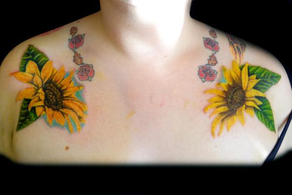 Yellow Ink Sunflowers Clavicle Tattoo