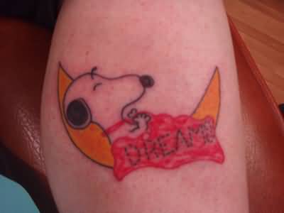 Yellow Moon Snoopy Tattoo On Leg