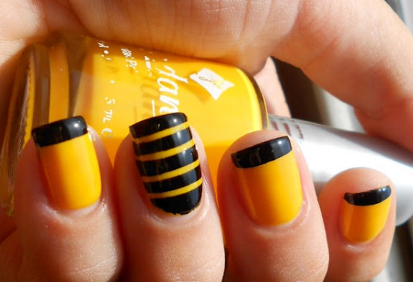 Yellow Nails With Black Acrylic Striping Tape Nail Art