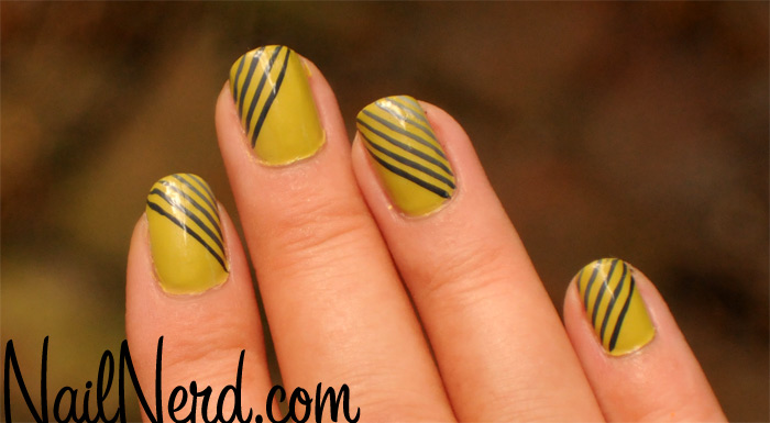 Yellow Nails With Black Diagonal Stripes Design Nail Art