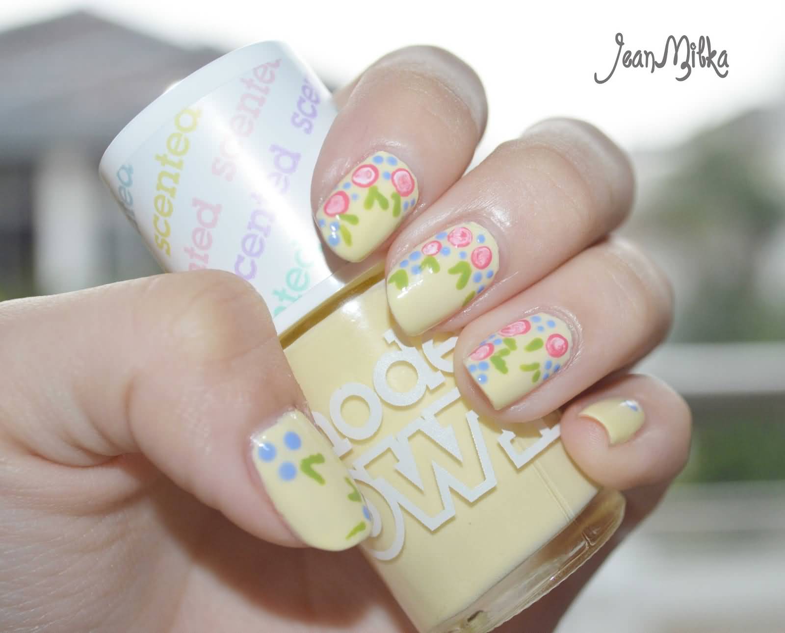 Yellow Nails With Rose Flowers Pastel Nail Art
