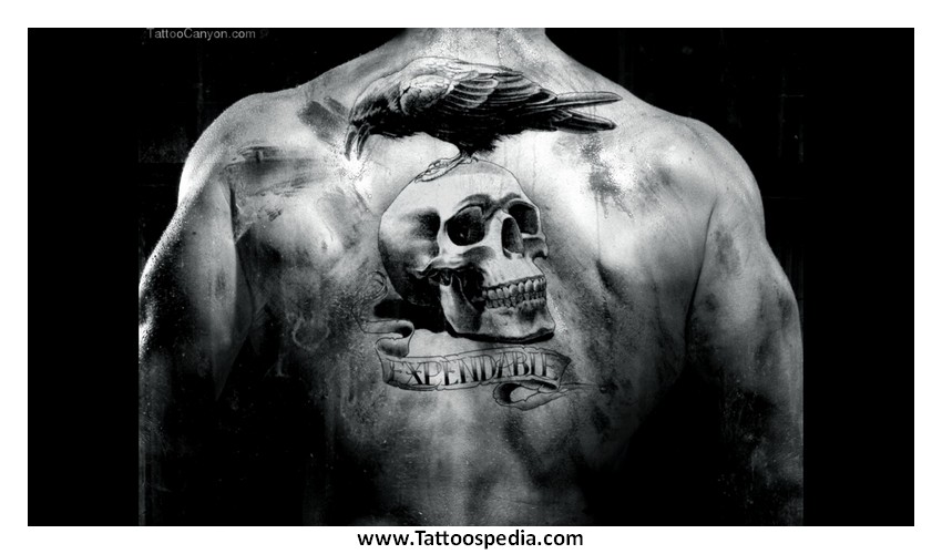 3D Crow On Skull With Banner Evil Tattoo On Upper Back