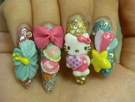 3D Hello Kitty And Bow Design Nail Art