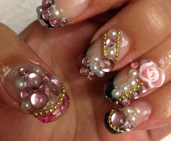 3d Pearls With Flower Design Nail Art