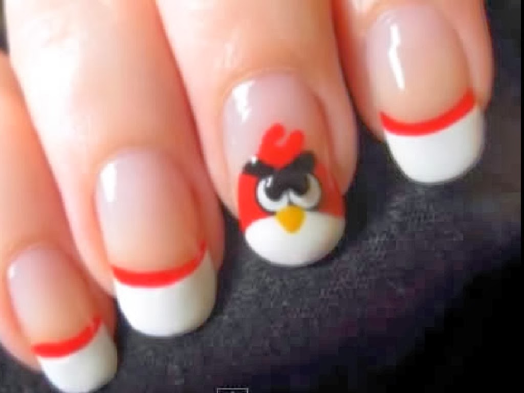 Acrylic Red Angry Birds French Tip Nail Art