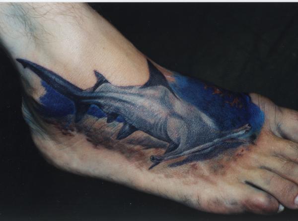 Amazing 3D Hammerhead Shark Tattoo On Foot