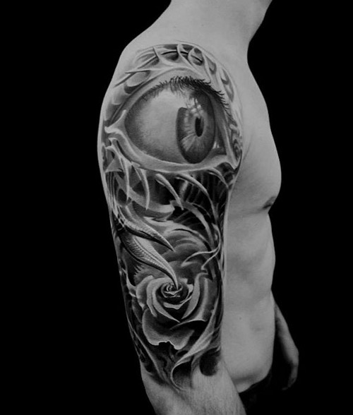 Amazing 3D Large Eye With Red Rose Black And White Tattoo On Right Half Sleeve