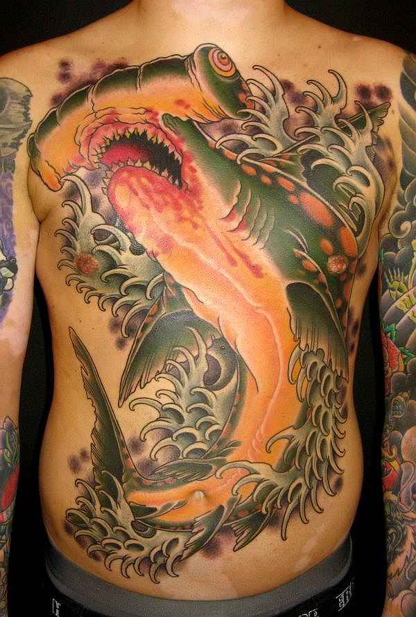 Amazing Angry Hammerhead Colored Tattoo On Full Body For Men