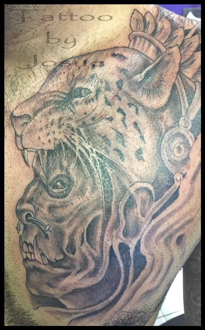 Amazing Grey Ink Aztec Jaguar Tattoo By Josue
