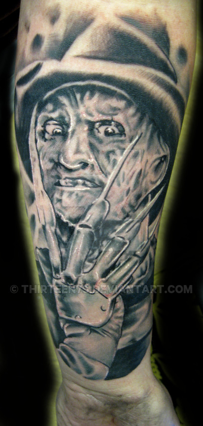 Amazing Grey Ink Freddy Krueger Portrait Tattoo On Forearm By Thirteen7s