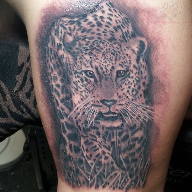 Amazing Grey Ink Walking Jaguar Tattoo