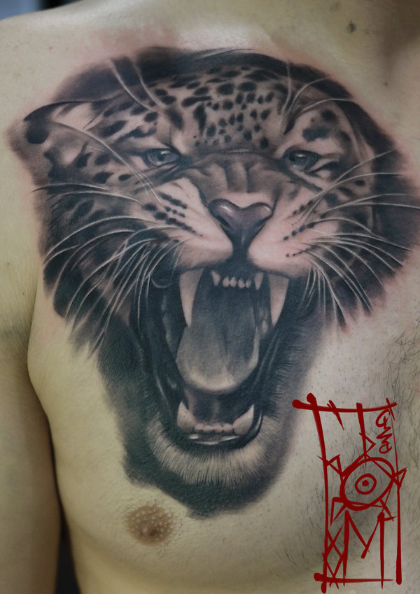 Amazing Jaguar Roaring Head Tattoo On Chest By Tomyslav