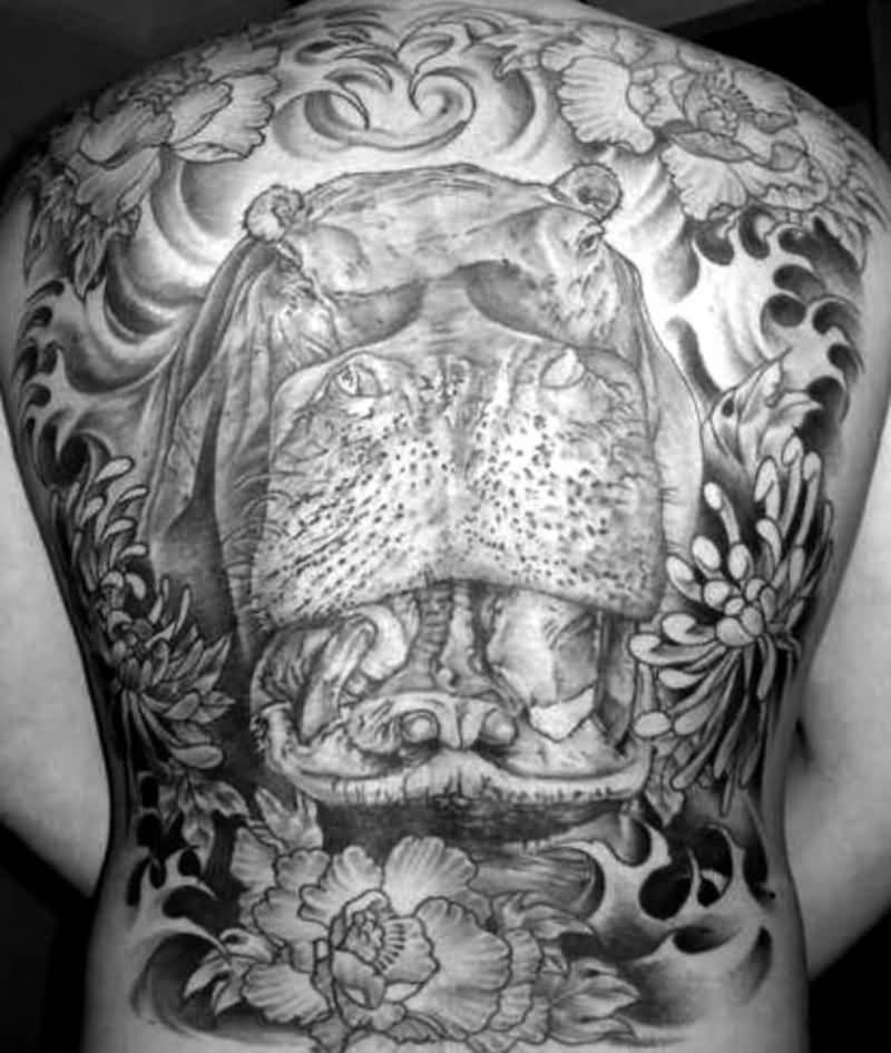Amazing Large Hippo Head With Flowers Tattoo On Full Back