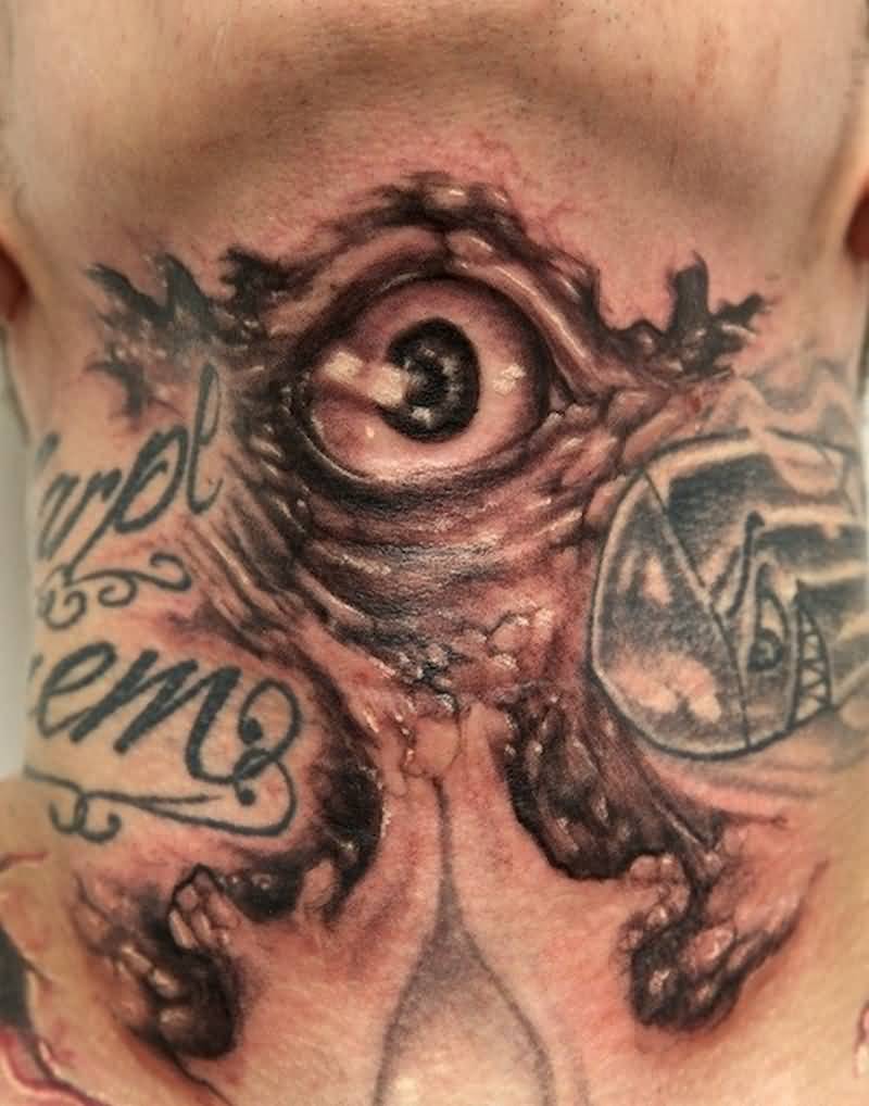 Amazing Realistic Evil Eye With Lettering Tattoo On Neck By Graynd