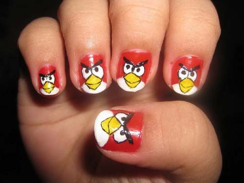 Amazing Red Angry Birds Nail Art Design