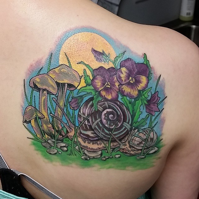 Amazing Snail With Flowers And Leaves Colorful Tattoo On Right Upper Back