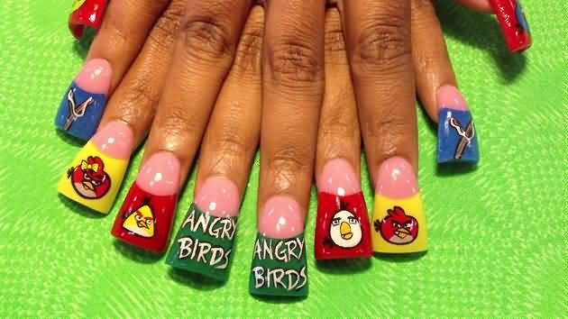 Angry Birds Nail Art For Long Nails