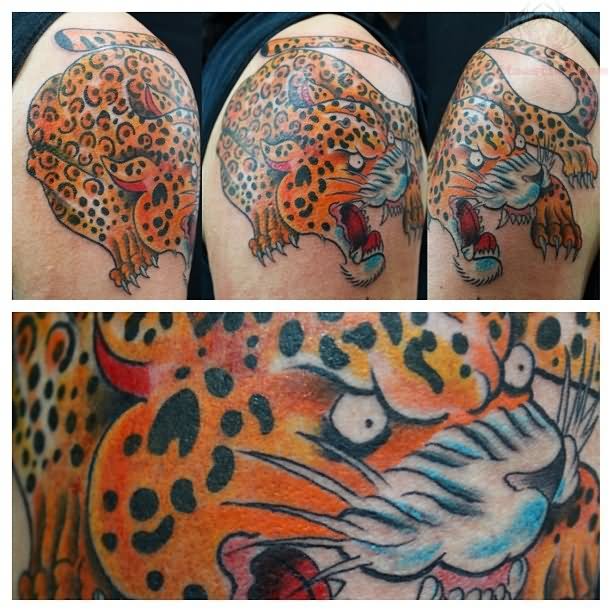 Angry Jaguar Tattoo On Right Shoulder