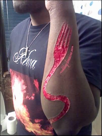 Attractive Dark Pink Fork Tattoo On Arm Sleeve