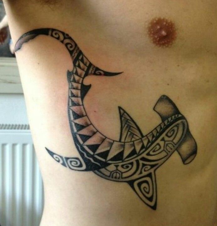 Attractive Maori Tribal Hammerhead Shark Tattoo On Side Rib