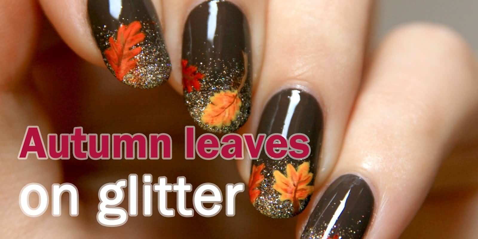 Autumn Leaves On Glitter Nail Art