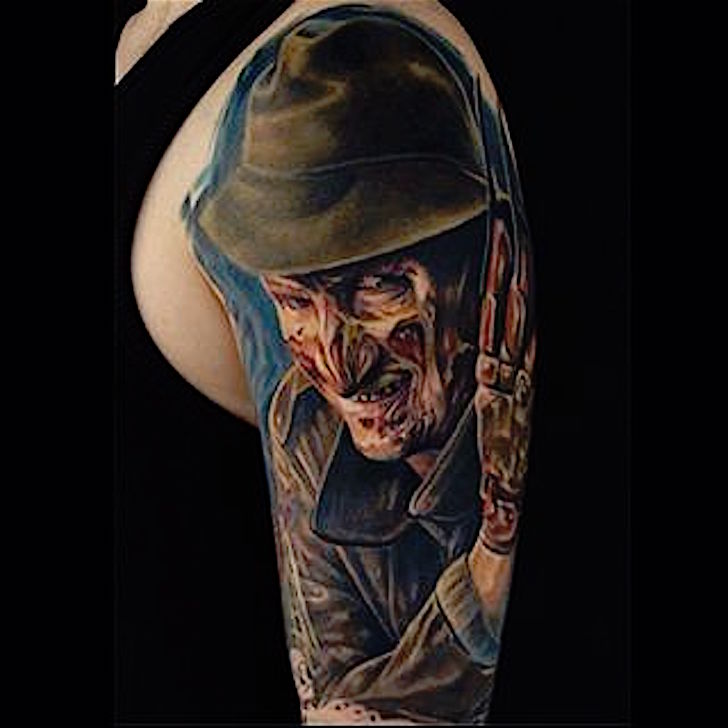 Awesome 3D Freddy Krueger Portrait Tattoo On Left Half Sleeve