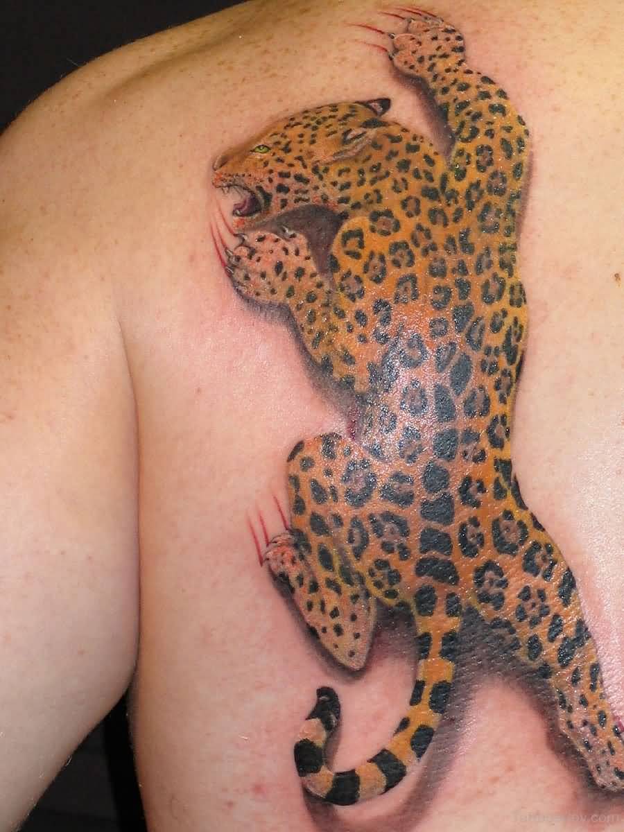 Awesome 3D Jaguar Tattoo On Left Upper Back