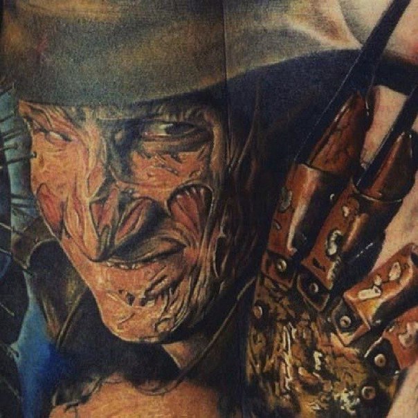 Awesome 3D Large Grey Ink Freddy Krueger Portrait Tattoo