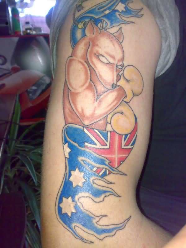 Awesome Angry Boxer Kangaroo With Australian Flag Tattoo On Half Sleeve