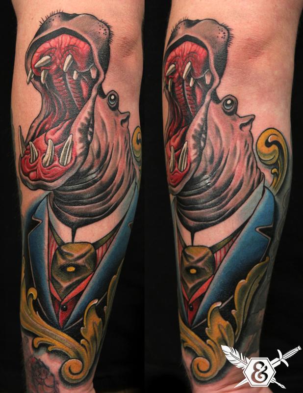 Awesome Angry Hippo Wearing Suit Colored Tattoo On Arm Sleeve
