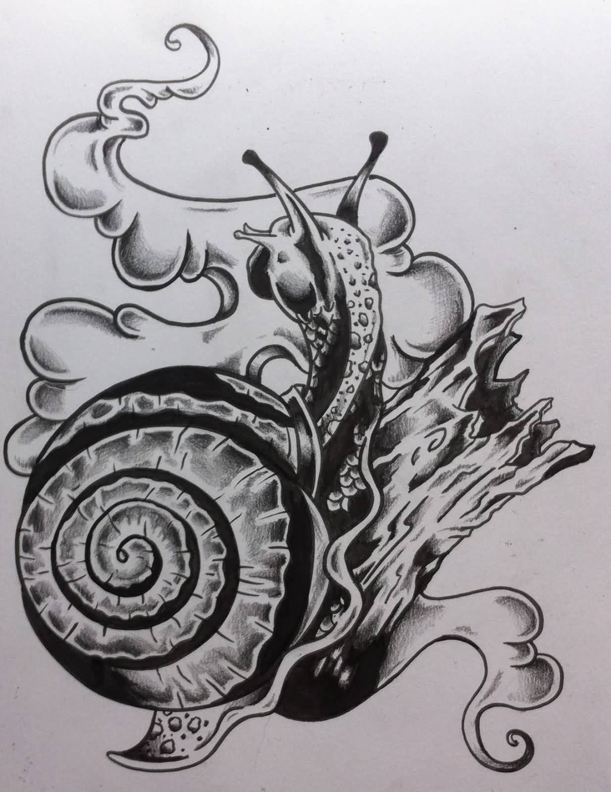Awesome Black And White Snail With Clouds And Cut Wood Tattoo Sample