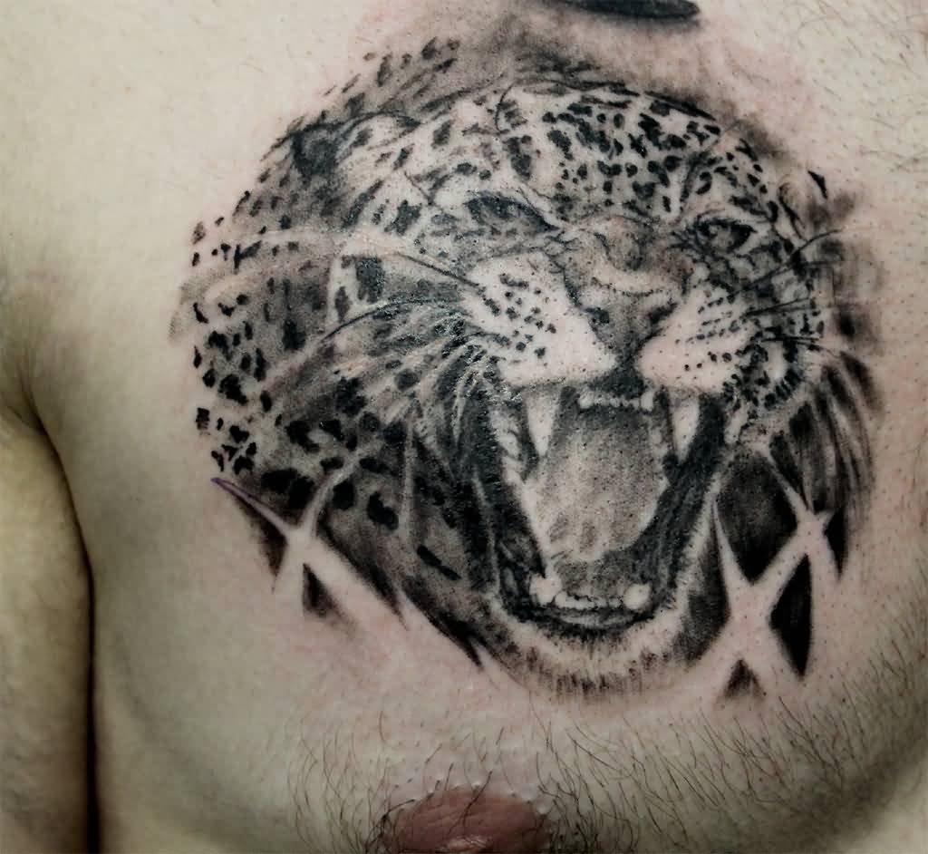 Awesome Black Ink Jaguar Roaring Tattoo On Chest By GregOs