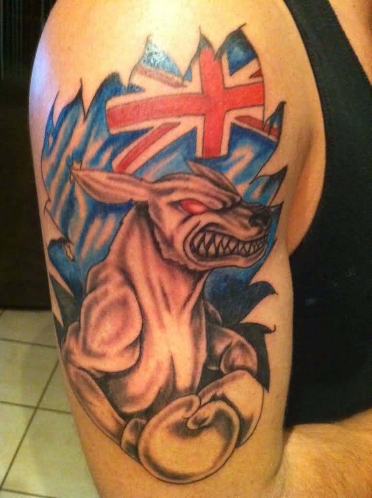 Awesome Extremely Angry Boxer Kangaroo With Australian Flag Tattoo On Half Sleeve
